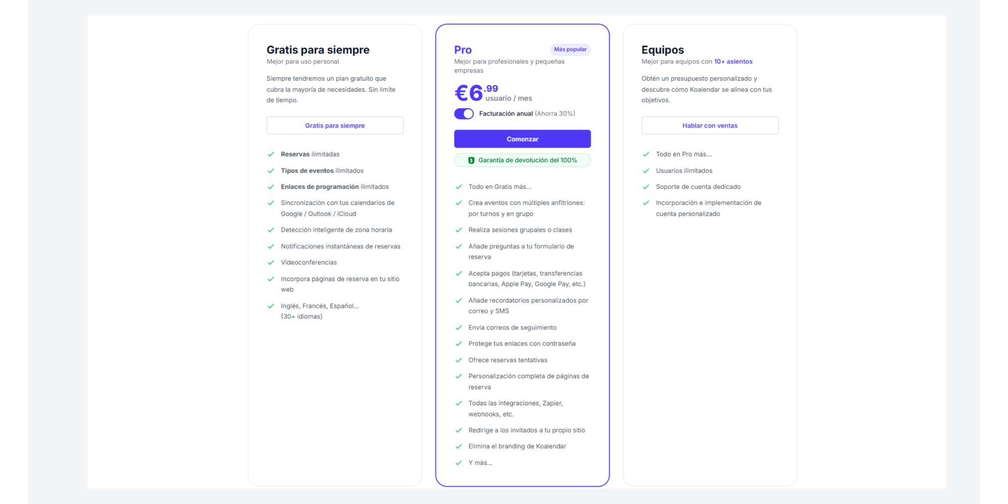 Plan gratuito para siempre vs plan de pago Koalendar